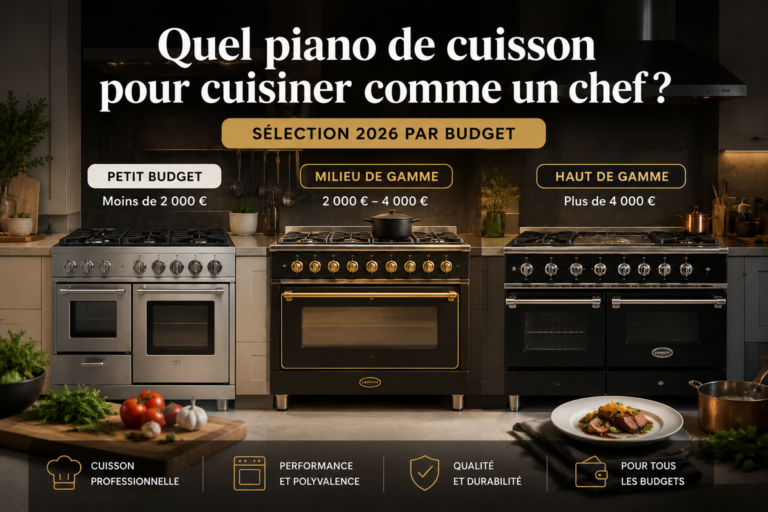 Comparatif des pianos de cuisson 2026 par budget : petit budget moins de 2000 €, milieu de gamme 2000 à 4000 € et haut de gamme plus de 4000 €