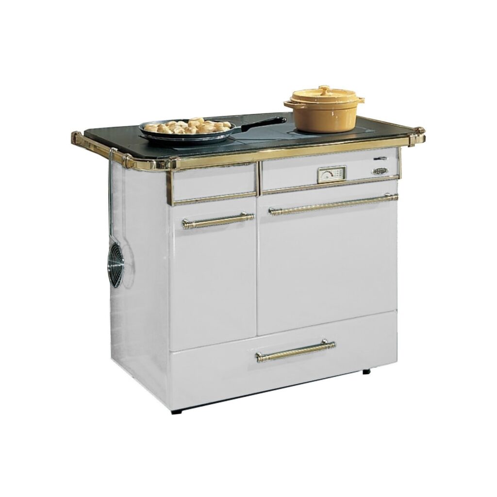 Cuisinière à bois Godin Châtelaine émaillée blanche, chauffage et cuisson