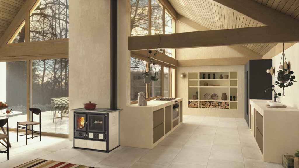 Cuisinière à bois moderne La Nordica Rosa dans une cuisine contemporaine