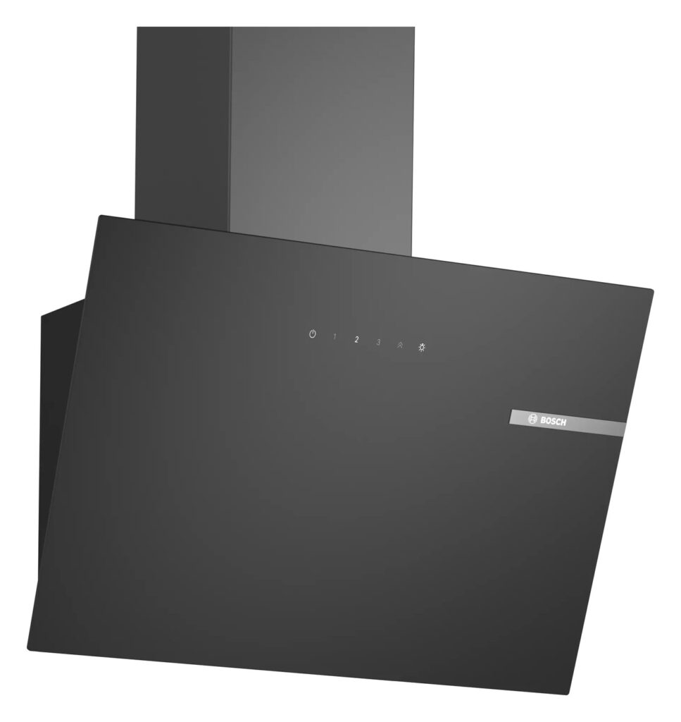 Hotte décorative murale inclinée Bosch Série 2 DWK65DK60, 60 cm, verre noir, sur fond blanc