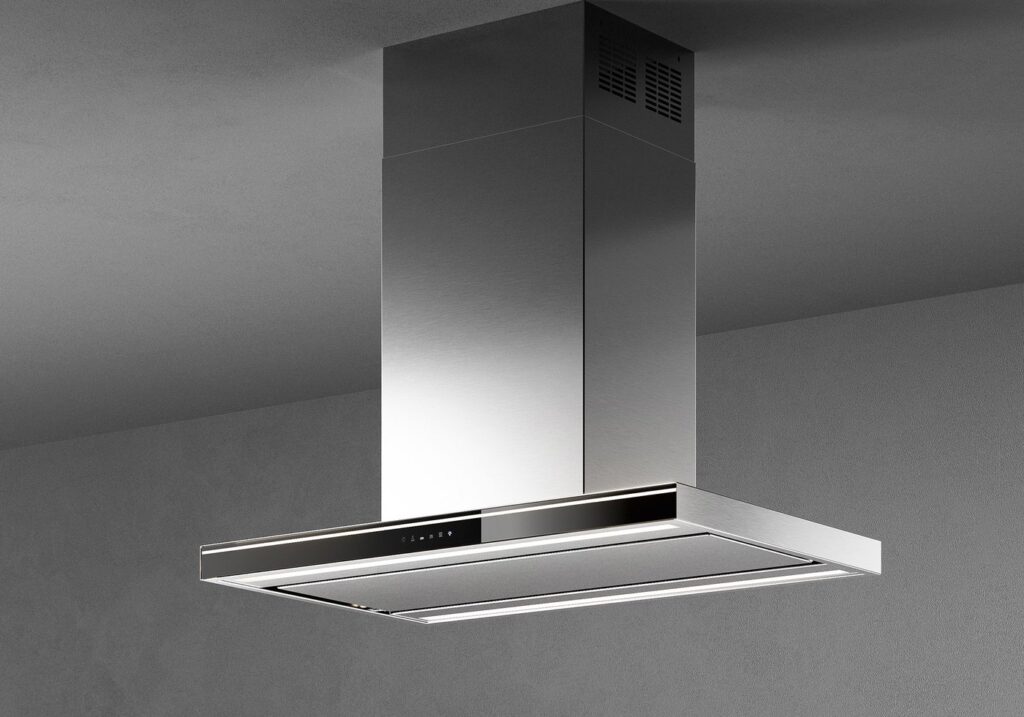 Hotte îlot Falmec Lumina NRS en inox avec bandeau de commande noir et éclairage LED périmétral