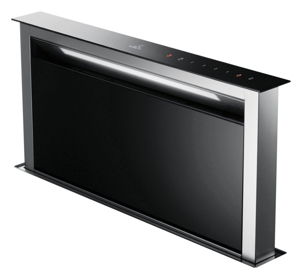 Hotte de plan escamotable Roblin Zélie 900 en verre noir et inox, déployée, sur fond blanc